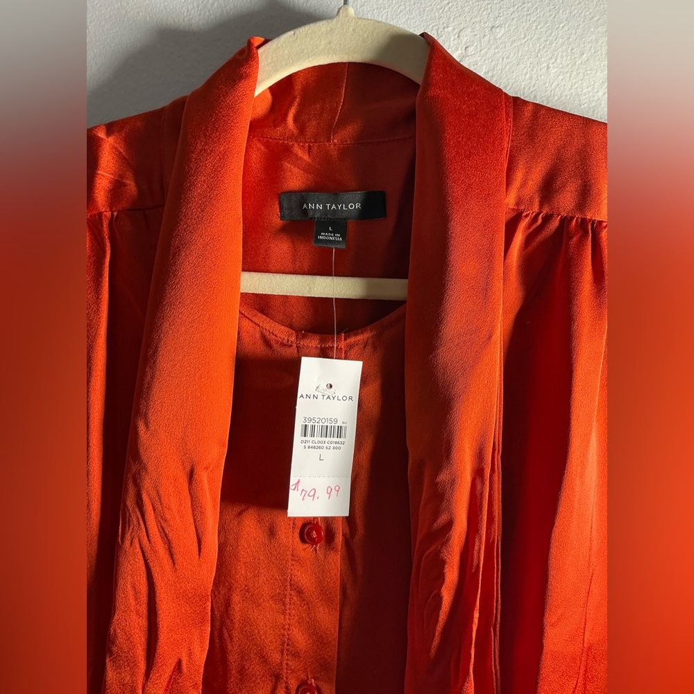 Ann Taylor Vibrant Orange Satin Blouse with Neck Tie - Picture 2 of 15